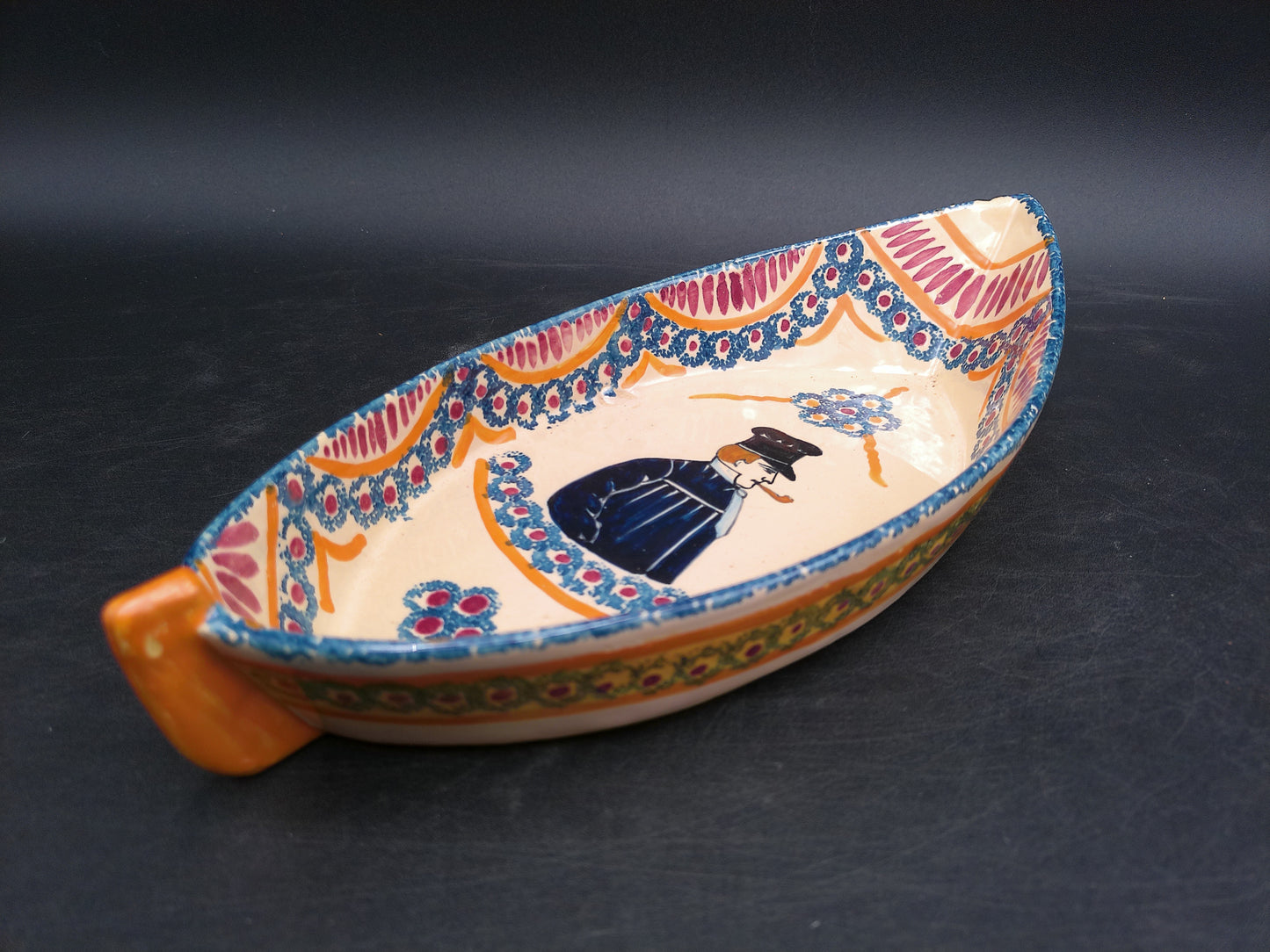 Hand Painted Pottery Oval Boat Dish Vintage Signed