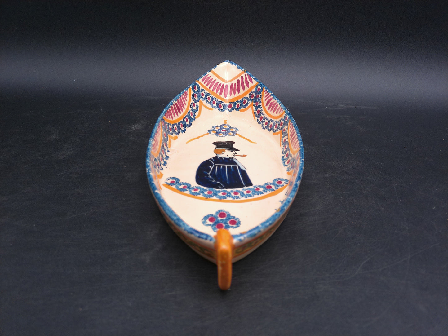 Hand Painted Pottery Oval Boat Dish Vintage Signed