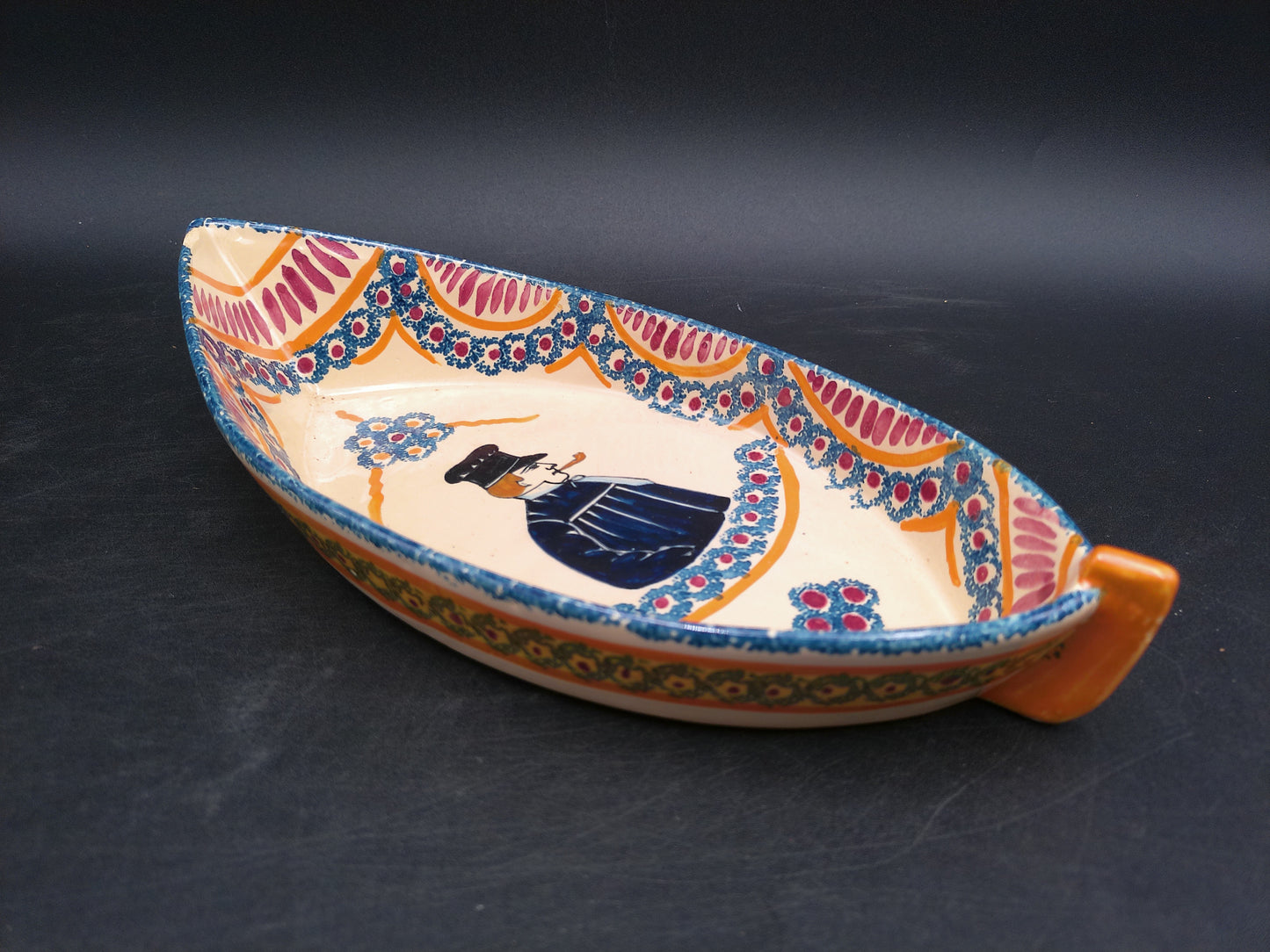 Hand Painted Pottery Oval Boat Dish Vintage Signed
