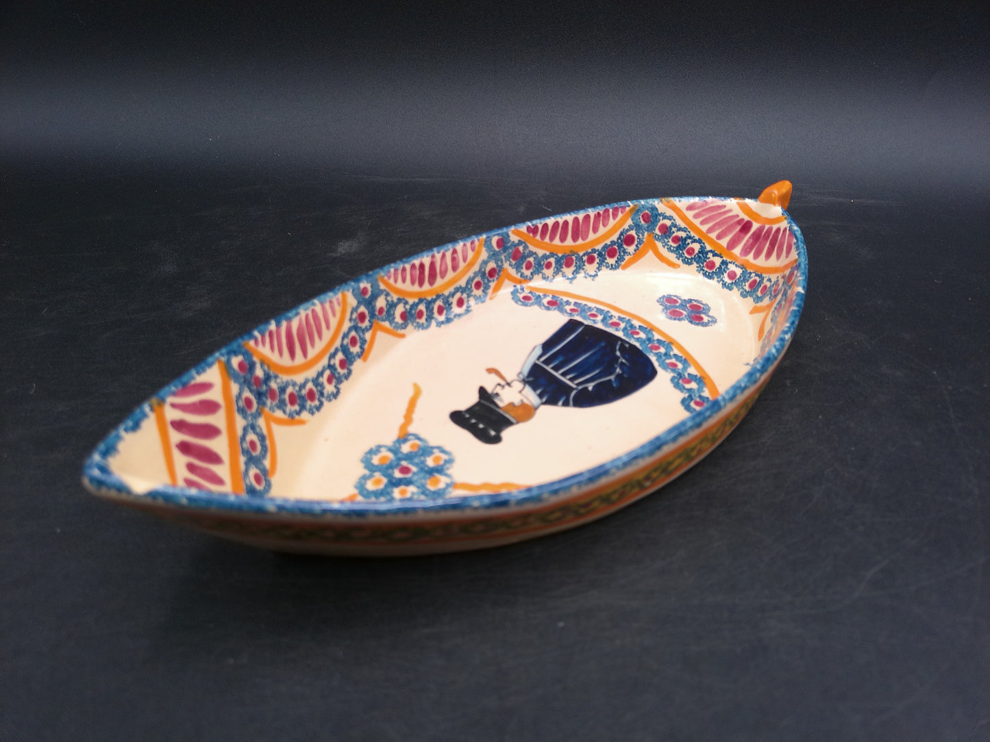 Hand Painted Pottery Oval Boat Dish Vintage Signed