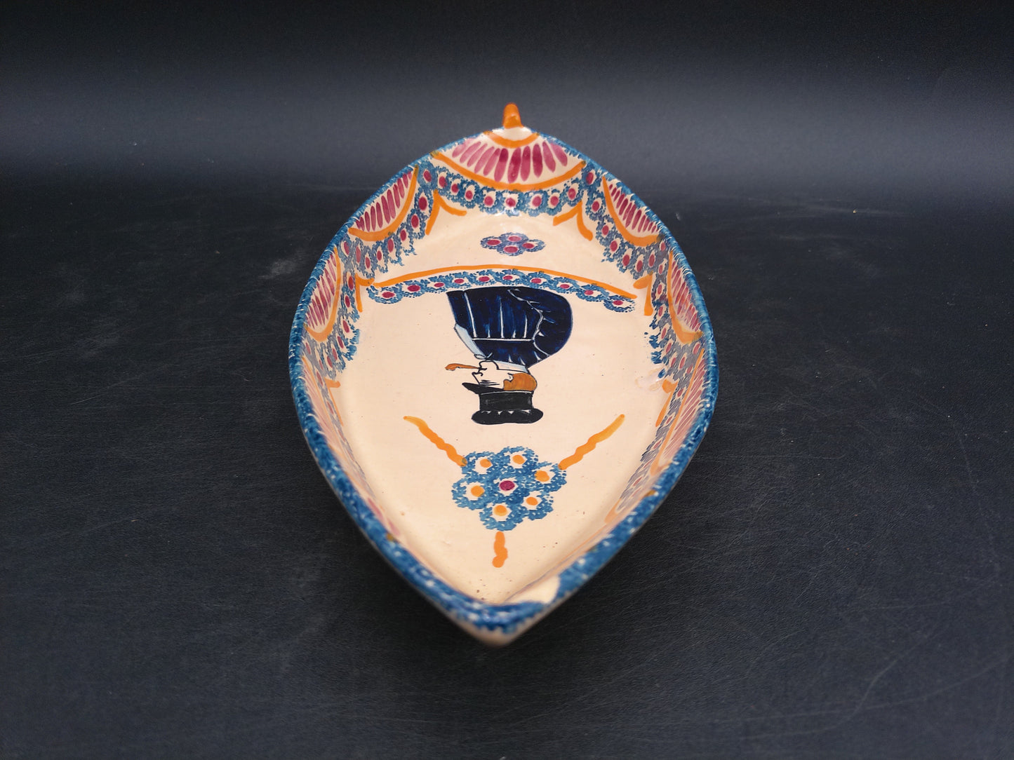 Hand Painted Pottery Oval Boat Dish Vintage Signed