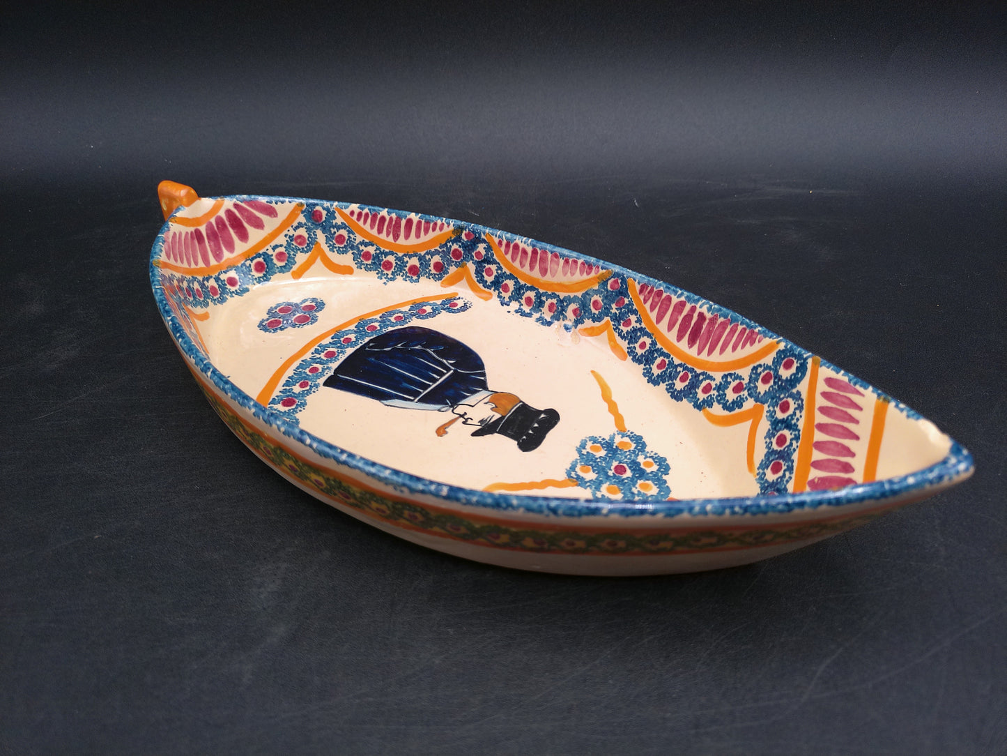 Hand Painted Pottery Oval Boat Dish Vintage Signed
