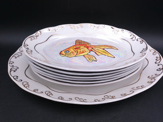 6 Different Fish Design Smaller plates and 1 bigger plates with Gold Design