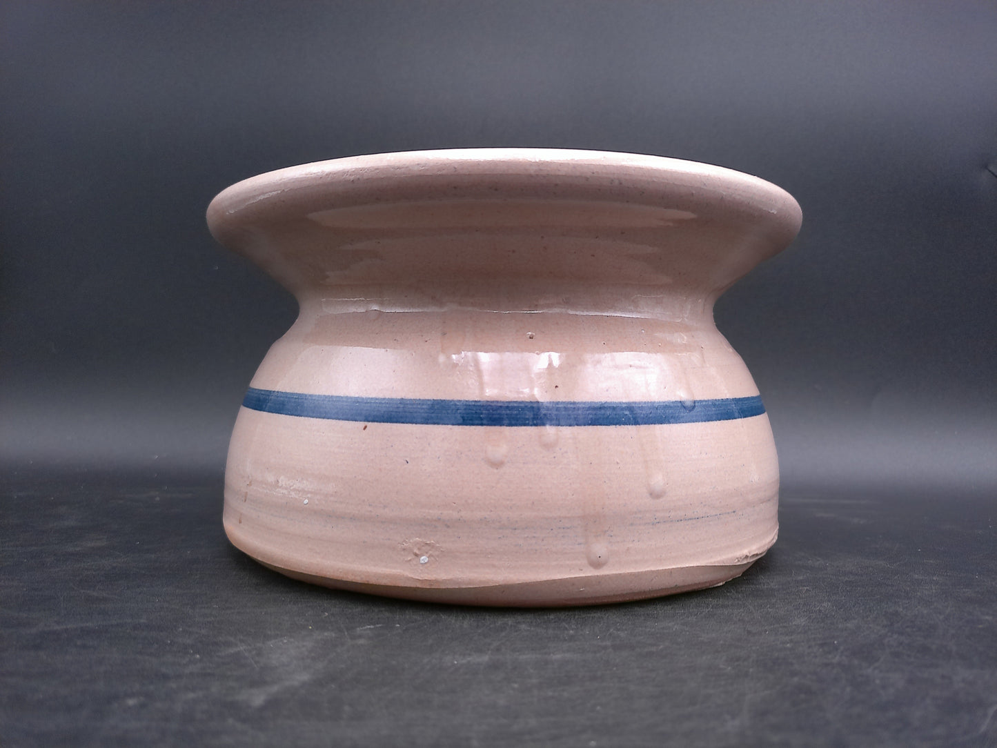 eavy Stoneware Pottery Spittoon - Flower Pot / Planter - Tan and Blue Striped Cuspidor Spit Bowl