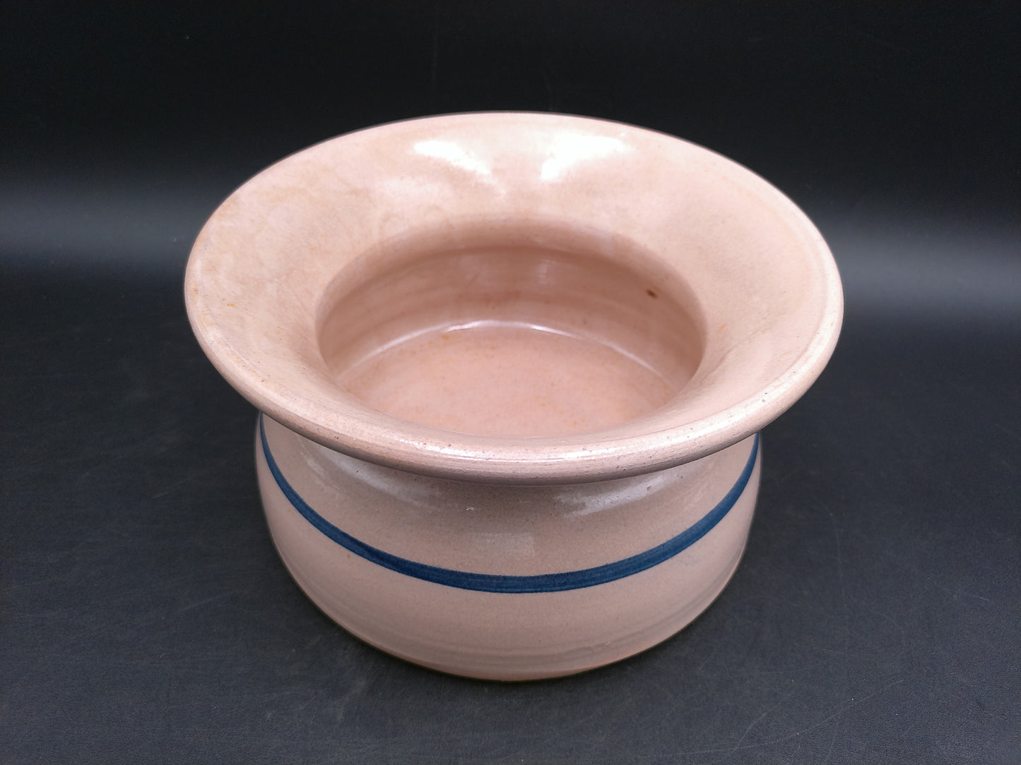 eavy Stoneware Pottery Spittoon - Flower Pot / Planter - Tan and Blue Striped Cuspidor Spit Bowl