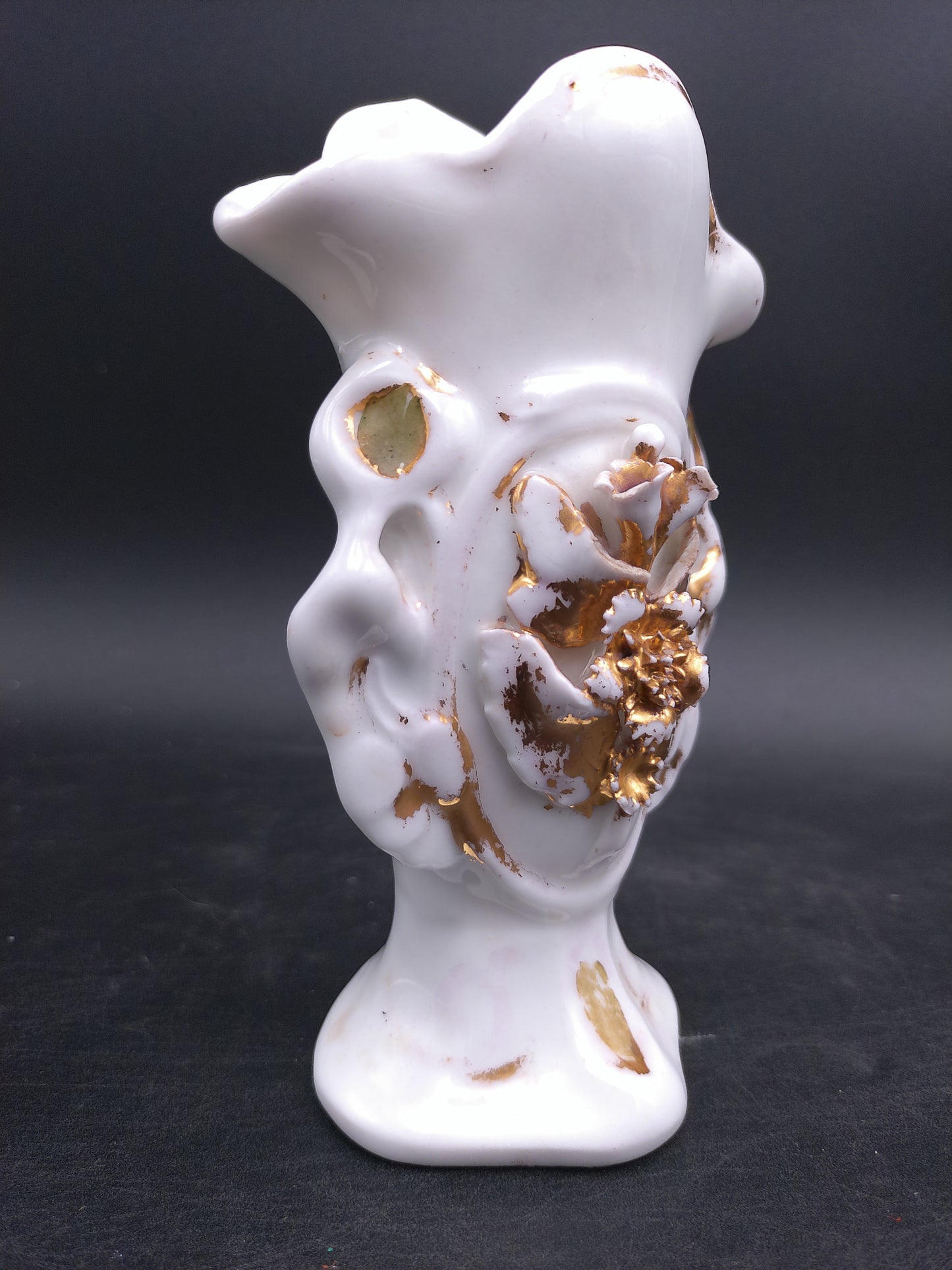 Antique French Bud Vase Ceramic Gold Color Faded with Lady Figurine