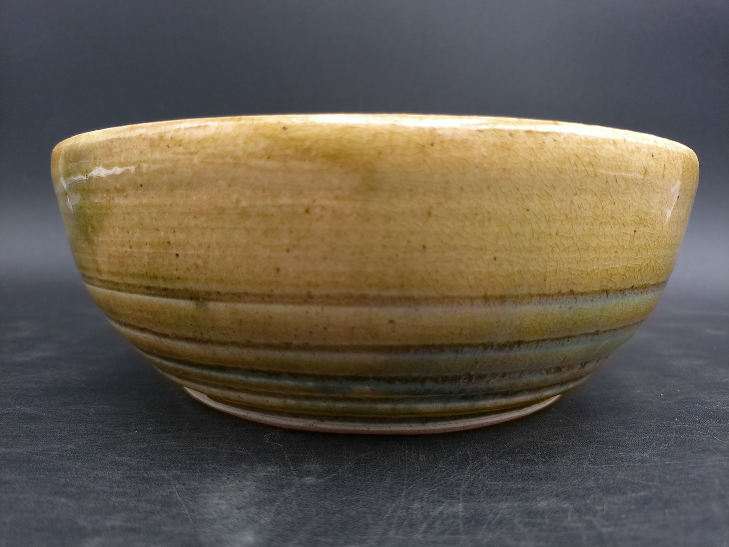 Japanese Ceramic Green Yellow Glossy Tea Bowl Vintage