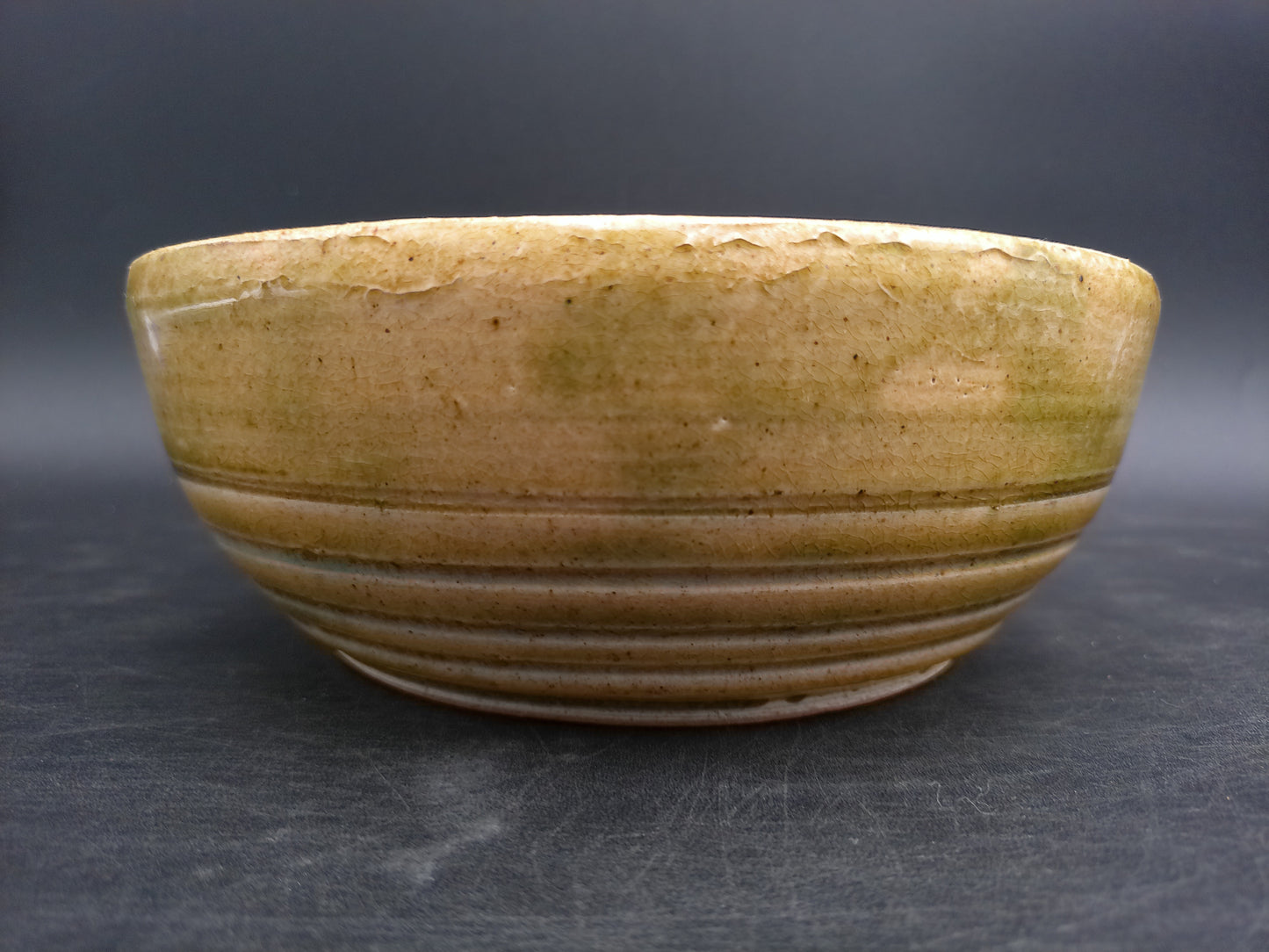 Japanese Ceramic Green Yellow Glossy Tea Bowl Vintage