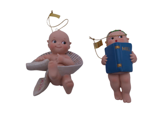 Kewpie Dolls in Box Christmas ornaments Hold wish list and Noel signs