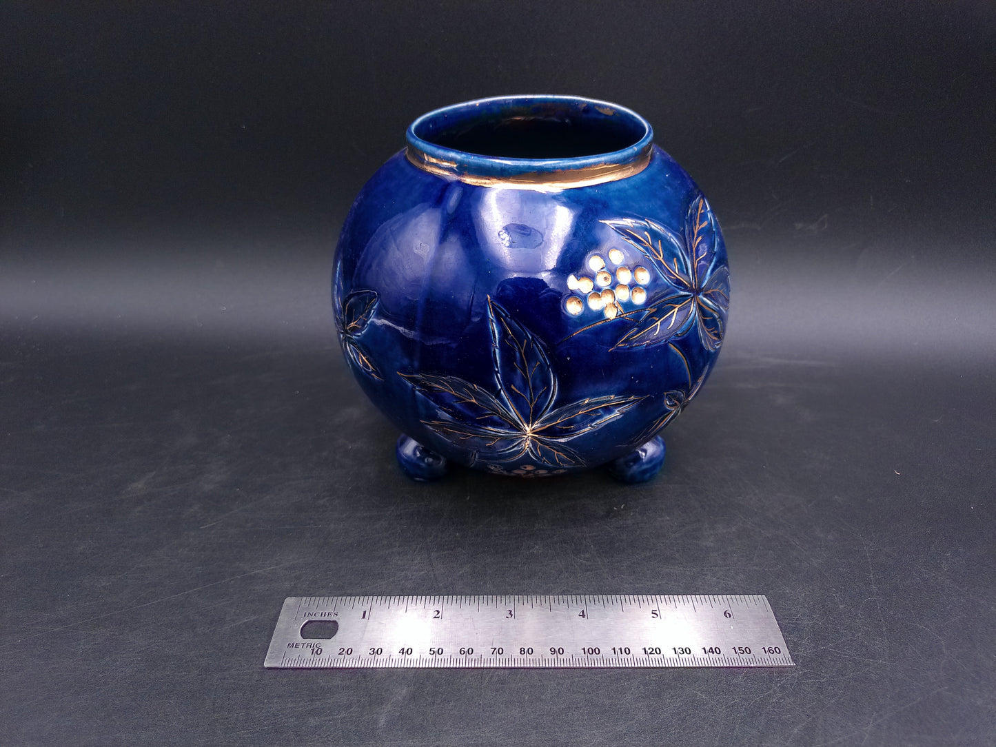 Gold and Cobalt Blue Floral Vase with Feet Vintage Marked 2009 AAPA 352