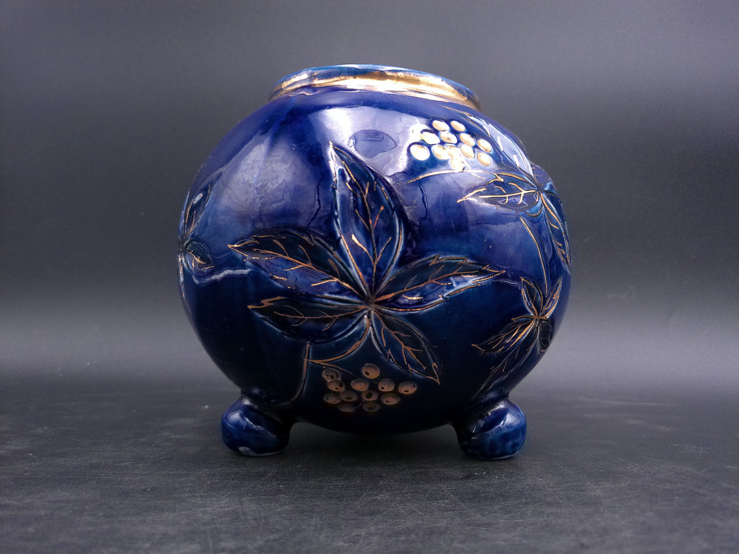 Gold and Cobalt Blue Floral Vase with Feet Vintage Marked 2009 AAPA 352