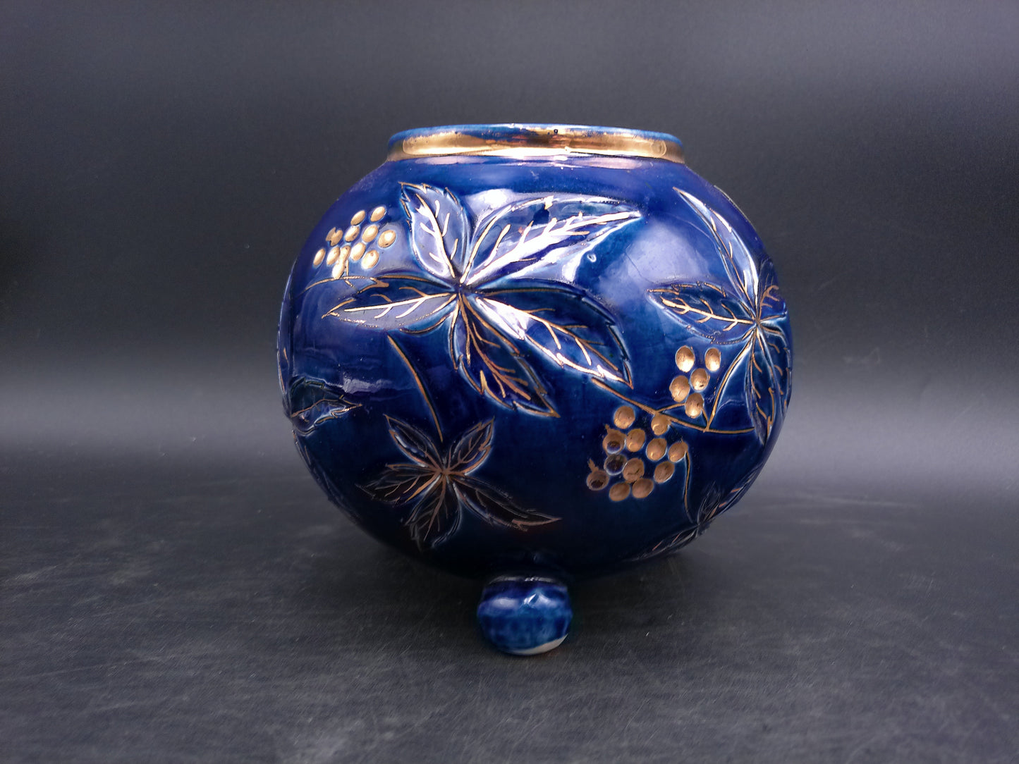 Gold and Cobalt Blue Floral Vase with Feet Vintage Marked 2009 AAPA 352