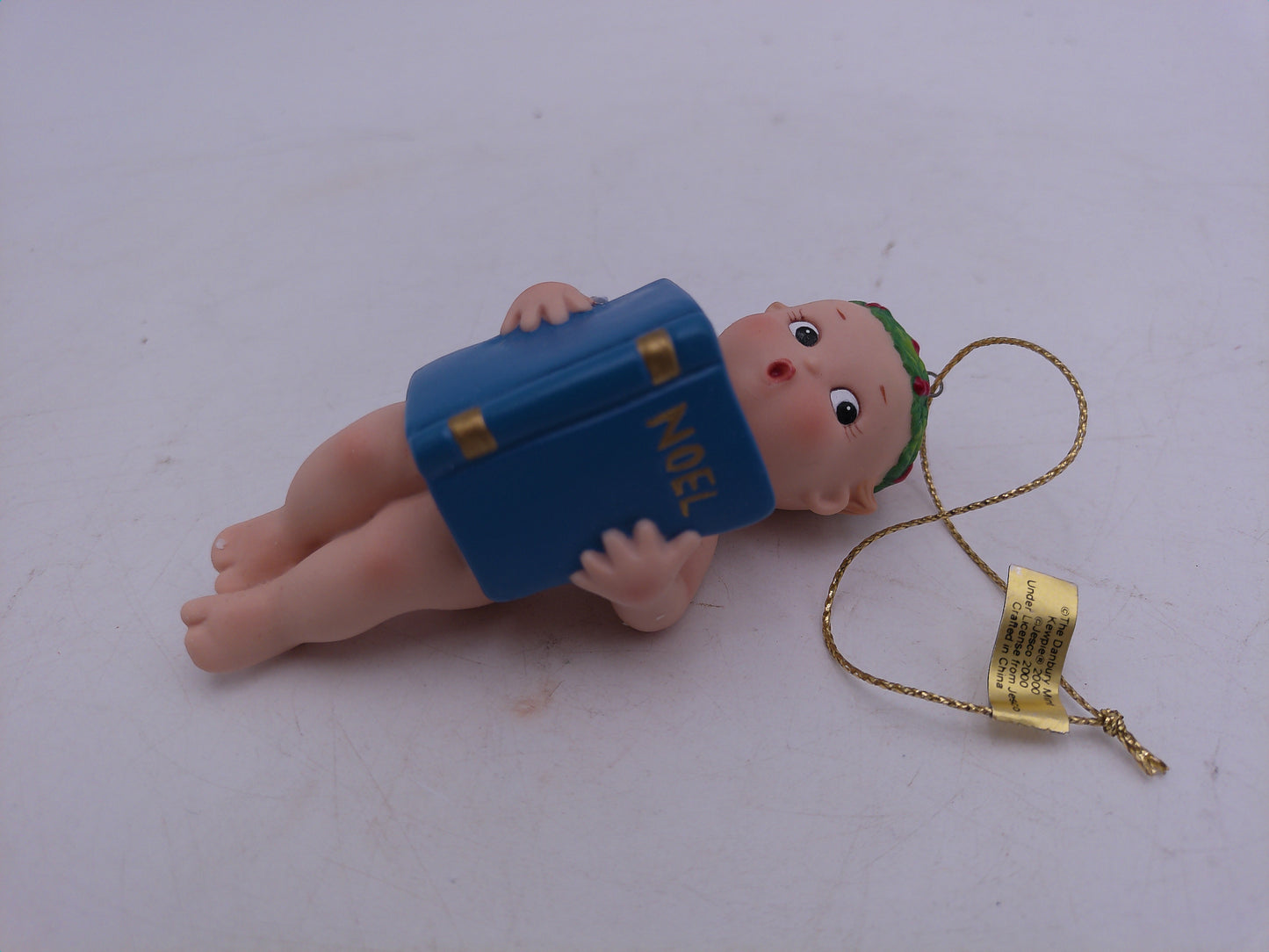 Kewpie Dolls in Box Christmas ornaments Hold wish list and Noel signs