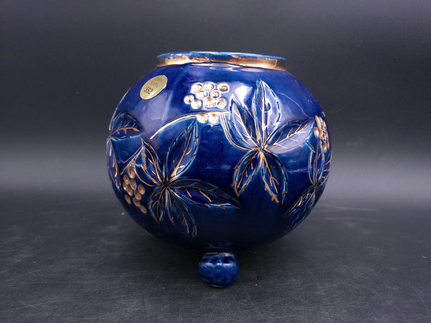 Gold and Cobalt Blue Floral Vase with Feet Vintage Marked 2009 AAPA 352