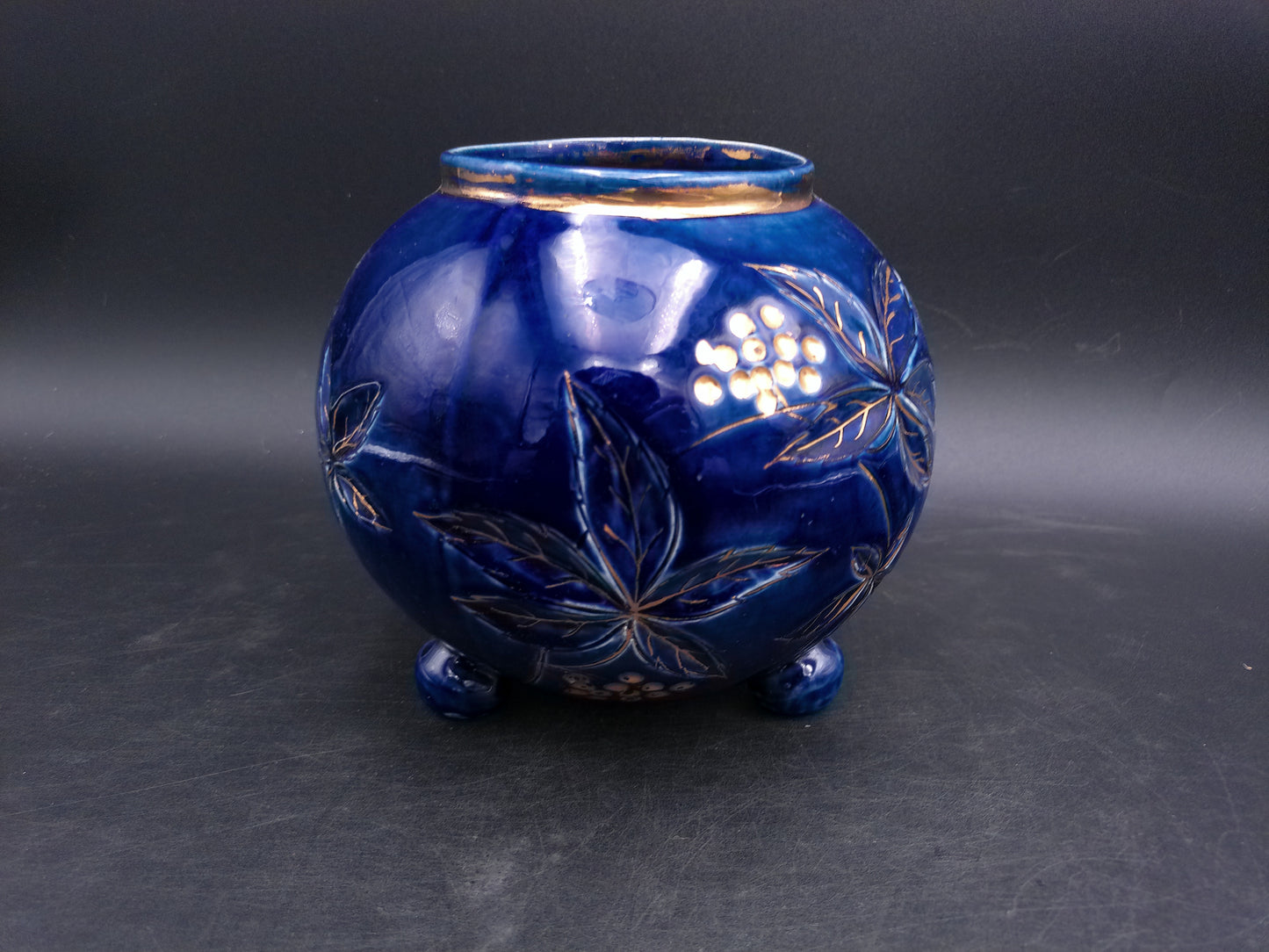 Gold and Cobalt Blue Floral Vase with Feet Vintage Marked 2009 AAPA 352