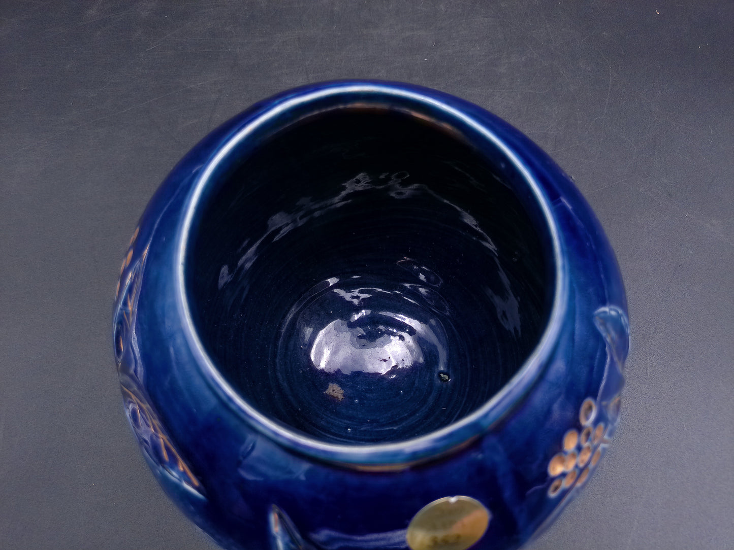 Gold and Cobalt Blue Floral Vase with Feet Vintage Marked 2009 AAPA 352