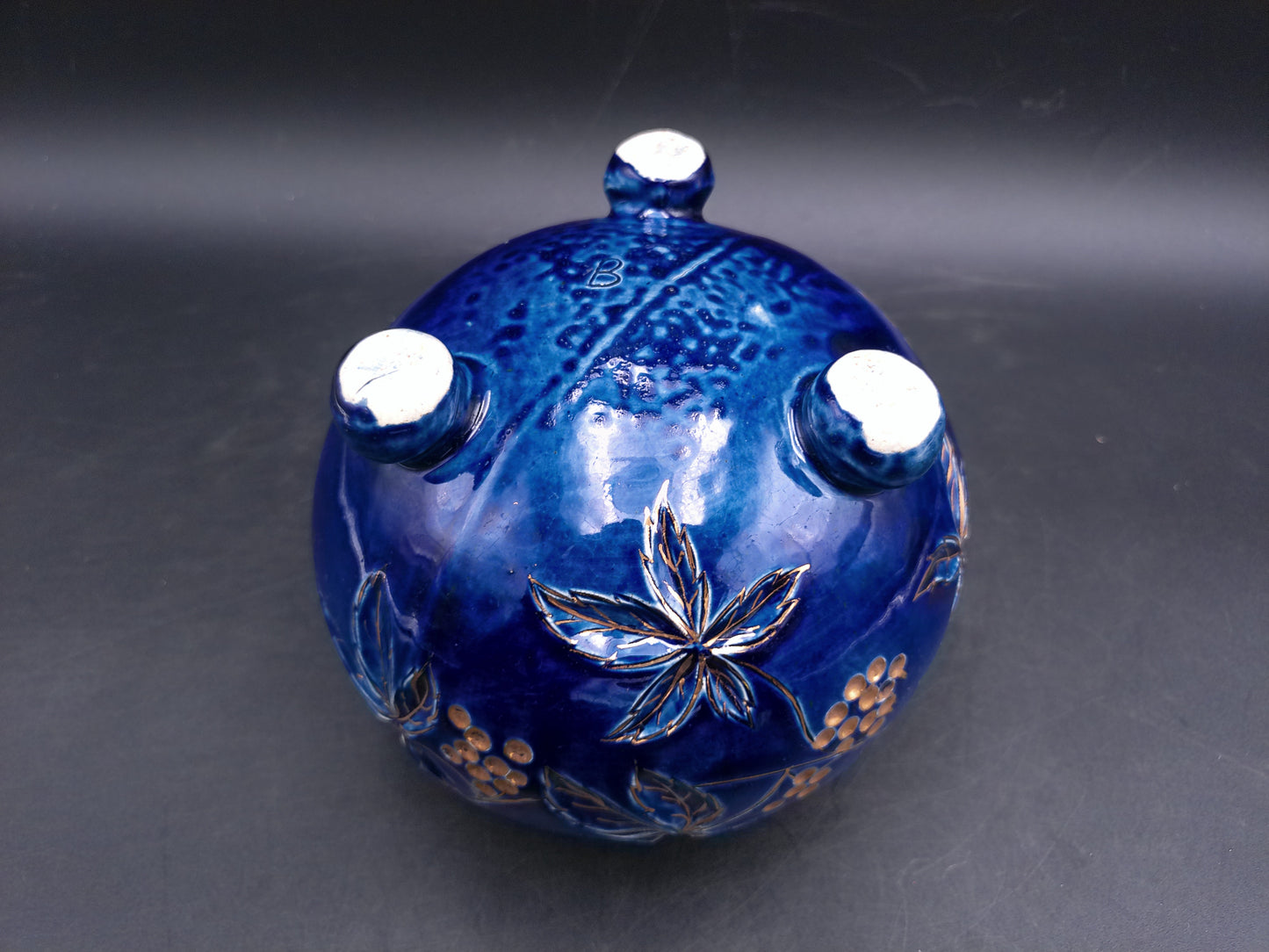 Gold and Cobalt Blue Floral Vase with Feet Vintage Marked 2009 AAPA 352
