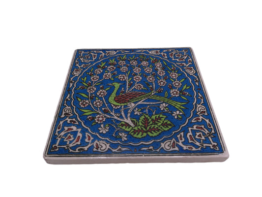 Turkish Kutahya Tek Cini Ceramic Peacock and Floral Tile