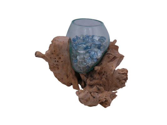 Clear Glass On Teak Driftwood Base Decorative Bowl Vase