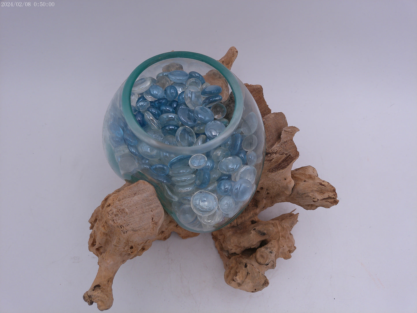 Clear Glass On Teak Driftwood Base Decorative Bowl Vase