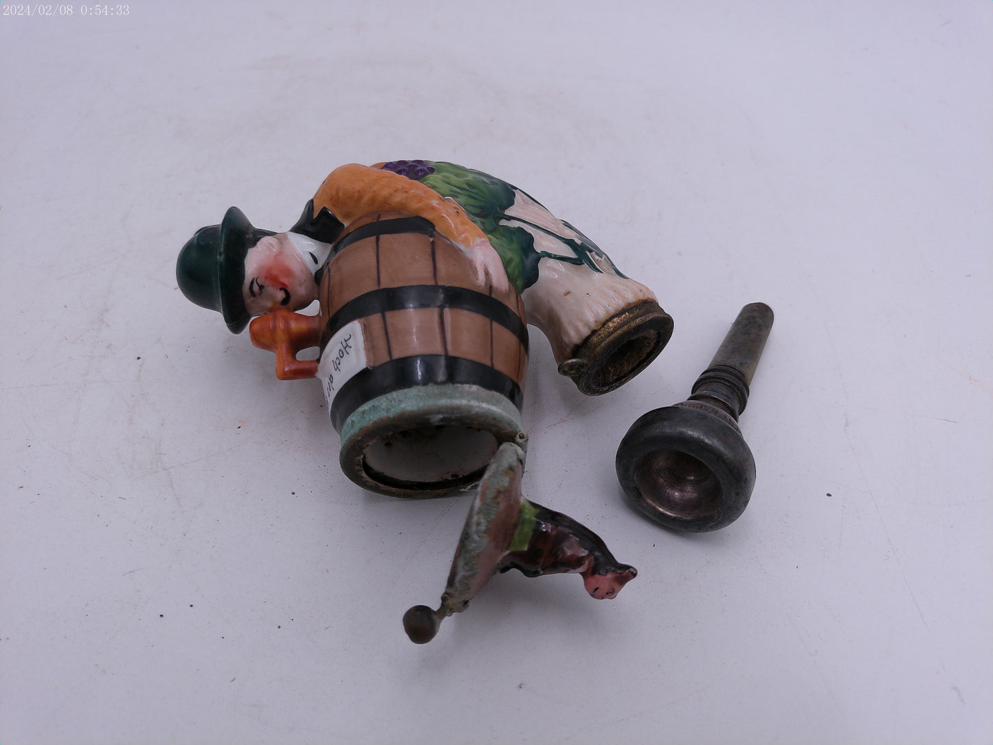 Figural Pipe Bowl Antique German Porcelain Man Barrel and Cat