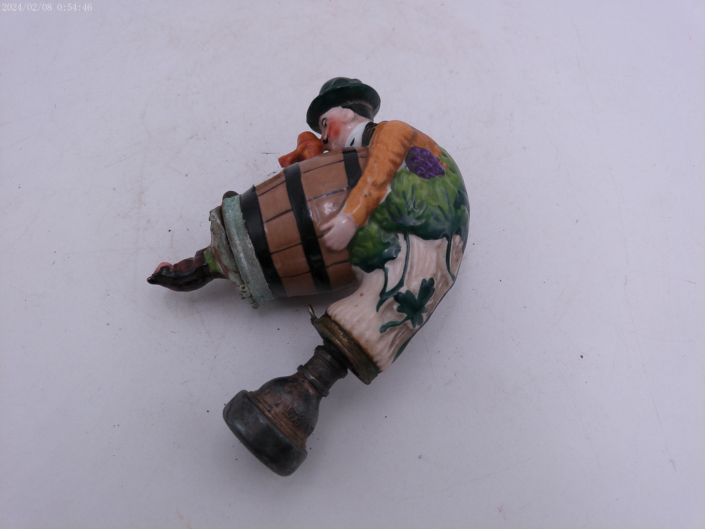 Figural Pipe Bowl Antique German Porcelain Man Barrel and Cat