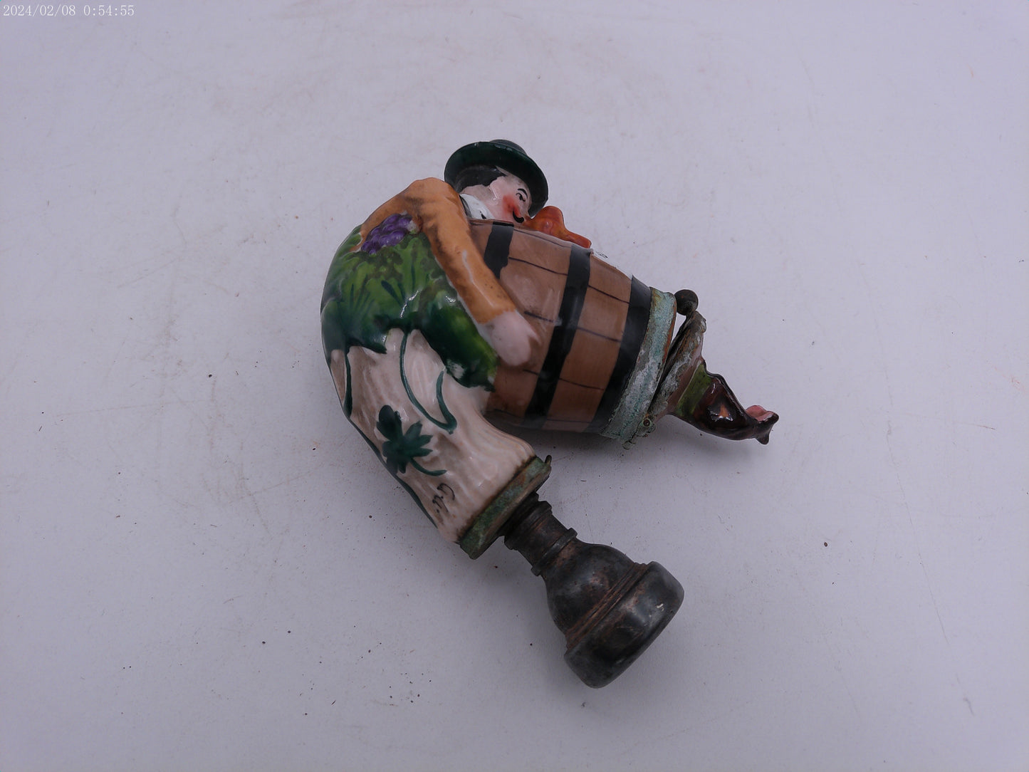 Figural Pipe Bowl Antique German Porcelain Man Barrel and Cat