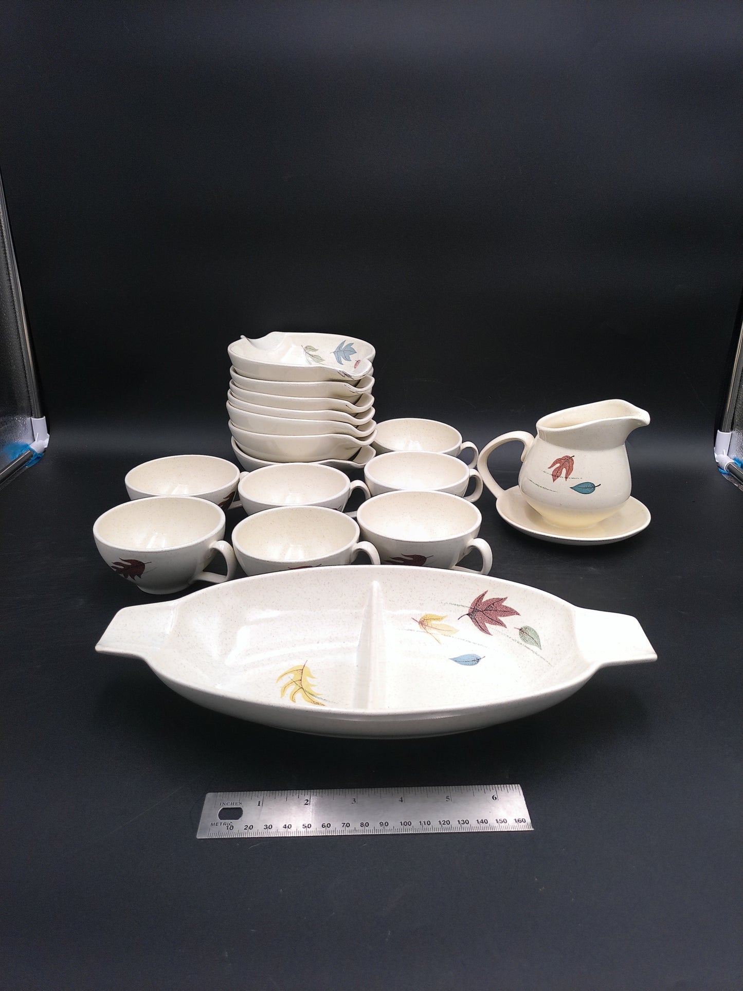Franciscan Cups, Dishes, Plate and Pitcher Leaf Design 1950s