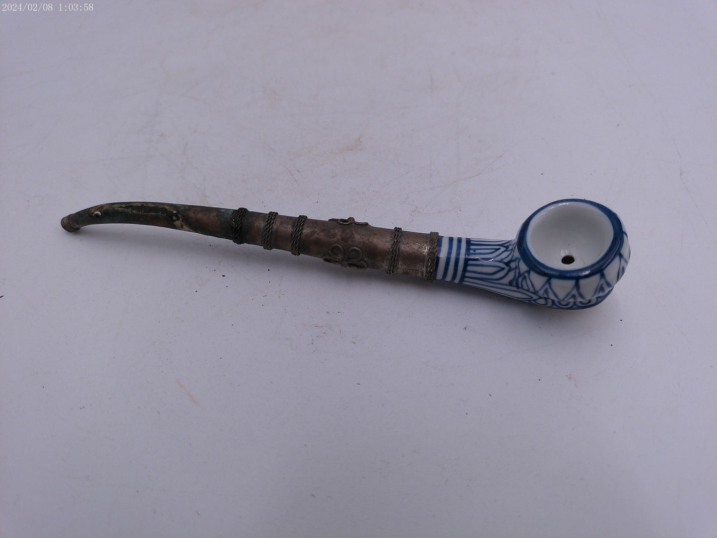 Vintage Style Bowl Smoking Pipe Blue & White Ceramic Porcelain Clay Collectable