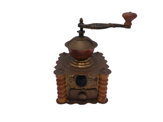 Ornate Antique Wooden Brass Coffee Grinder With Drawer Kitchen Decor