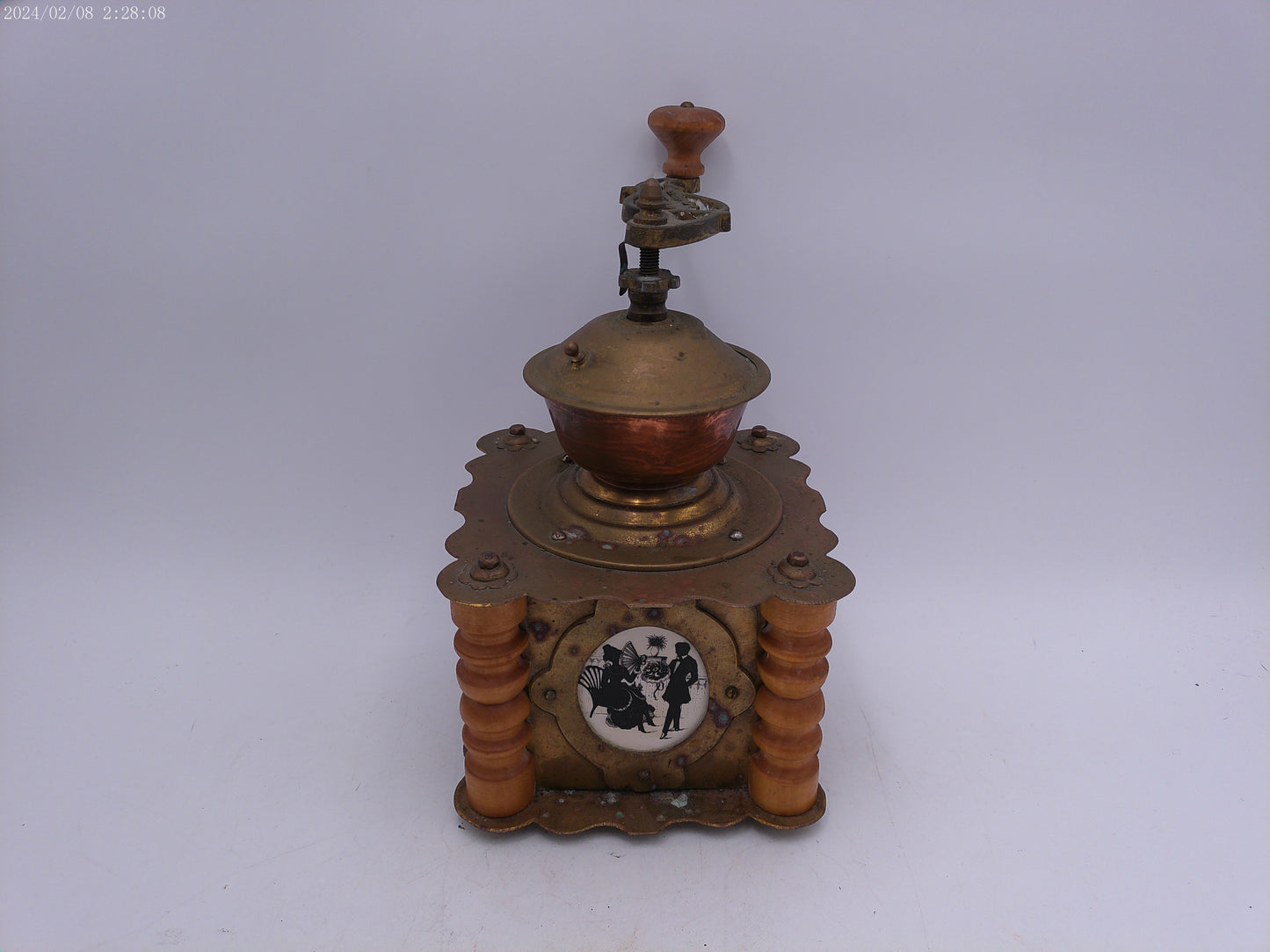 Ornate Antique Wooden Brass Coffee Grinder With Drawer Kitchen Decor
