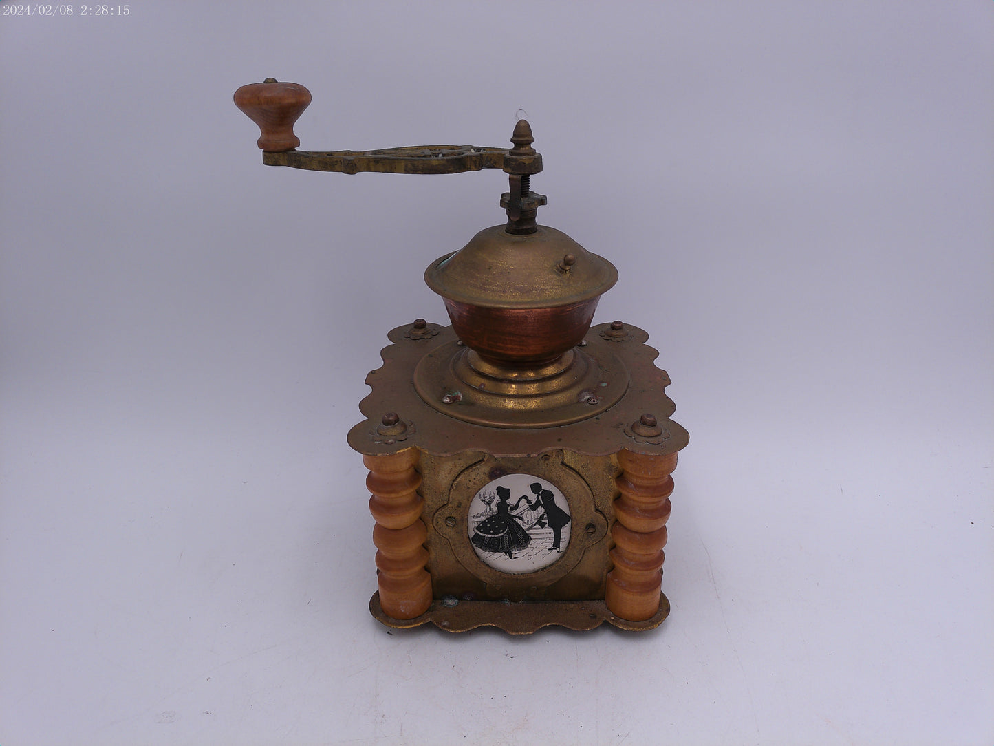 Ornate Antique Wooden Brass Coffee Grinder With Drawer Kitchen Decor