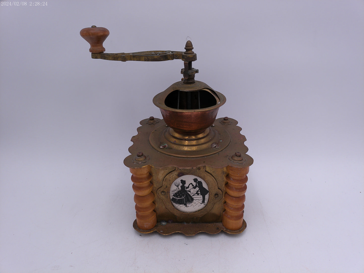 Ornate Antique Wooden Brass Coffee Grinder With Drawer Kitchen Decor