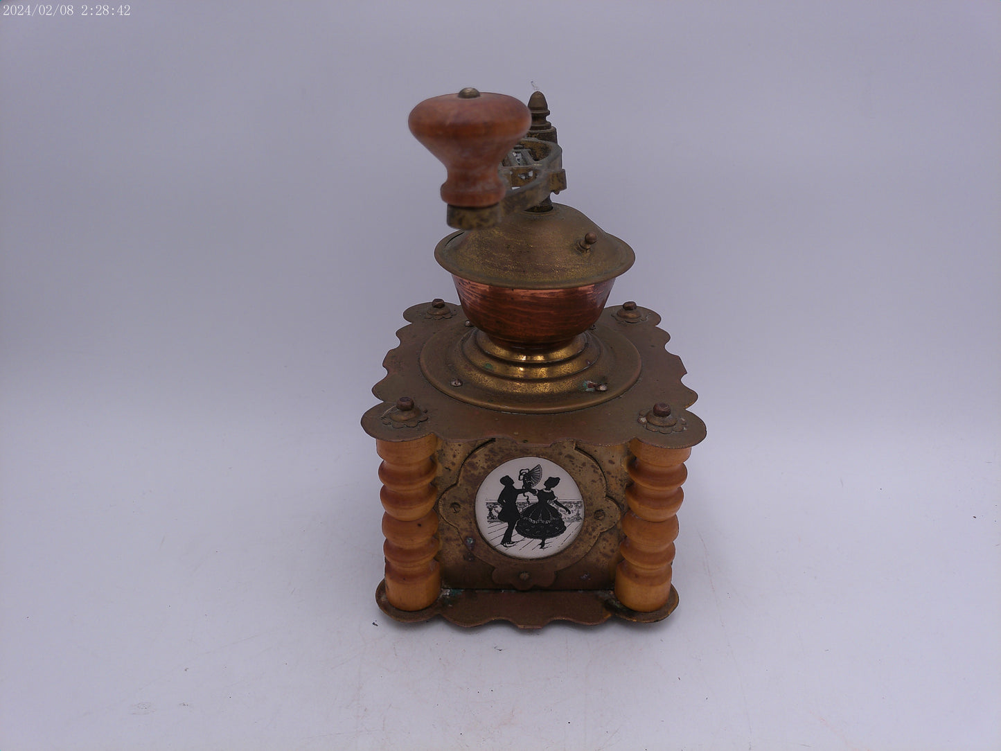 Ornate Antique Wooden Brass Coffee Grinder With Drawer Kitchen Decor