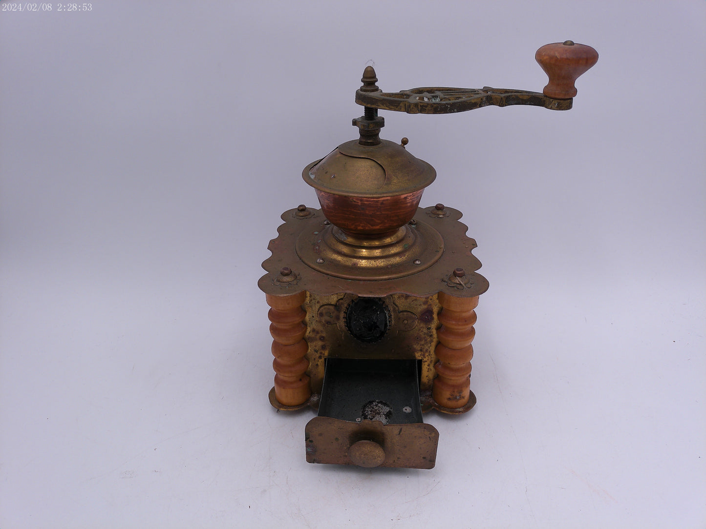 Ornate Antique Wooden Brass Coffee Grinder With Drawer Kitchen Decor
