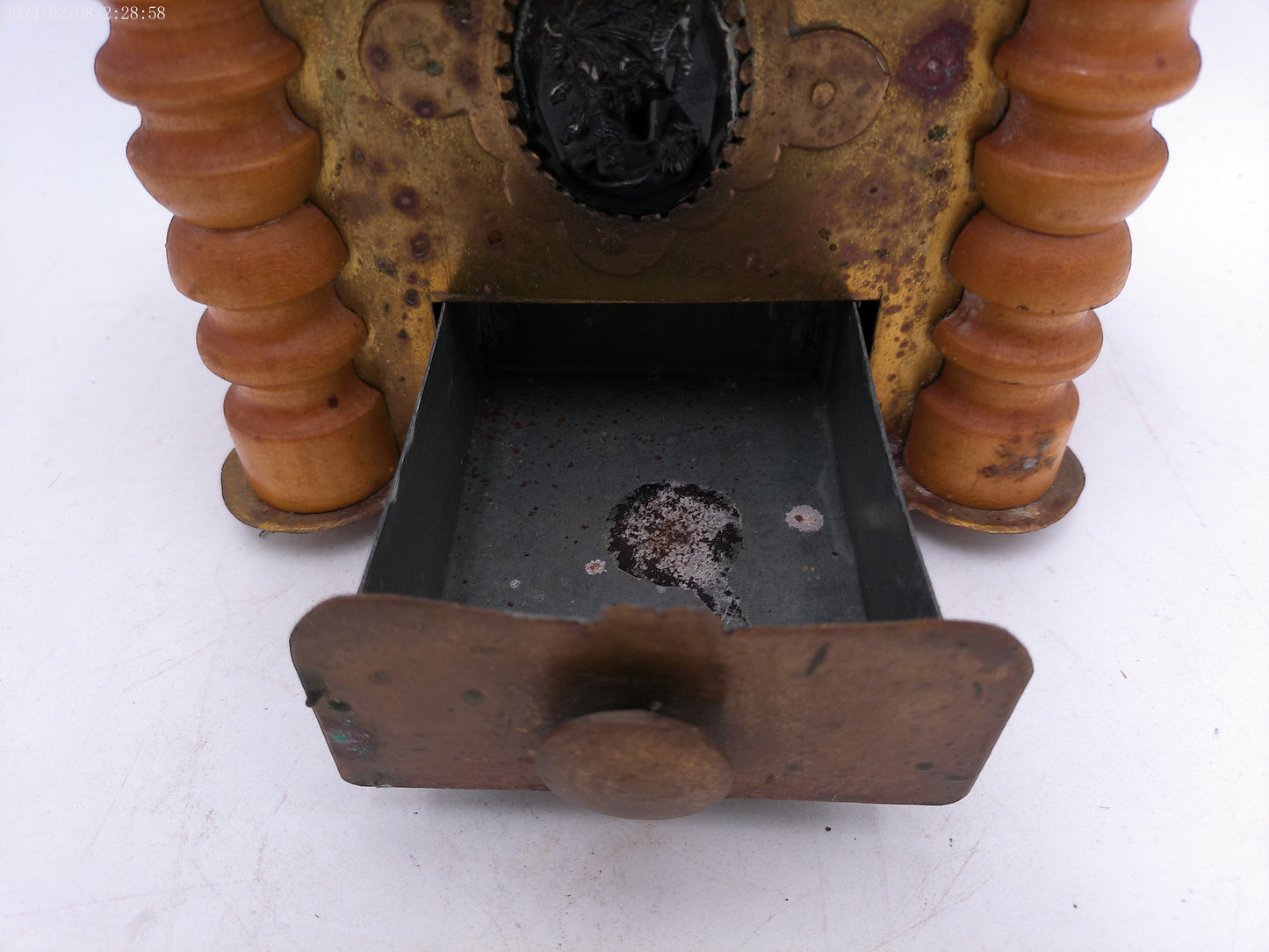 Ornate Antique Wooden Brass Coffee Grinder With Drawer Kitchen Decor