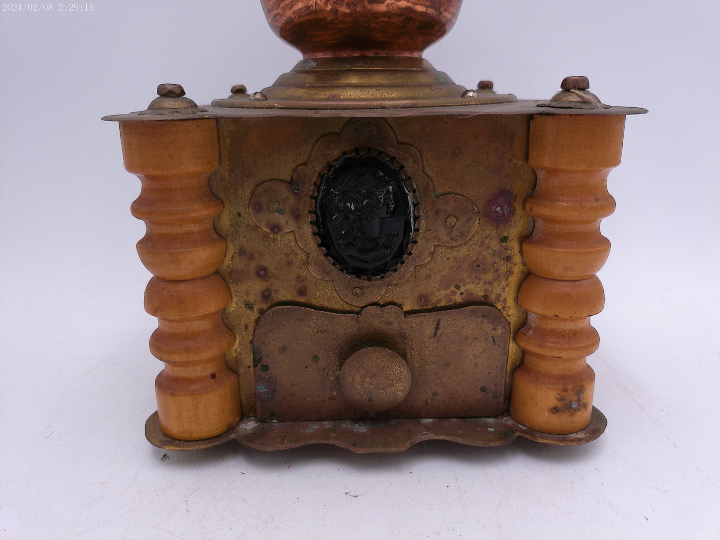Ornate Antique Wooden Brass Coffee Grinder With Drawer Kitchen Decor
