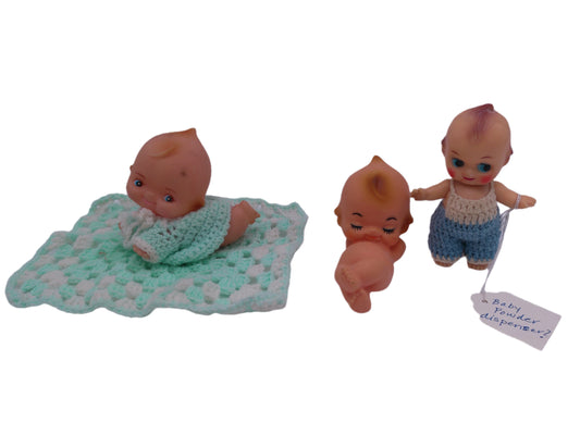 Kewpie Dolls Lot pf 3 one imight be powder dispenser and one on Blanket Vintage
