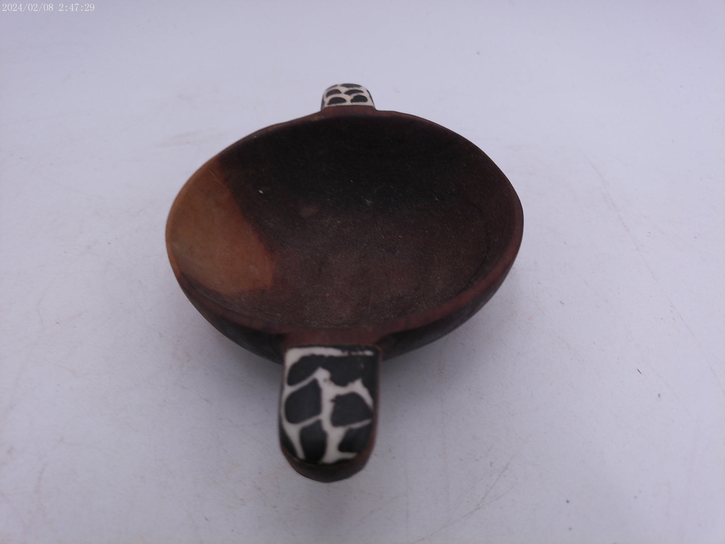 Vintage Sandalwood Wood Wooden Inlay Spotted Fish Swirl Handles Guacamole Condiment  Serving Bowl