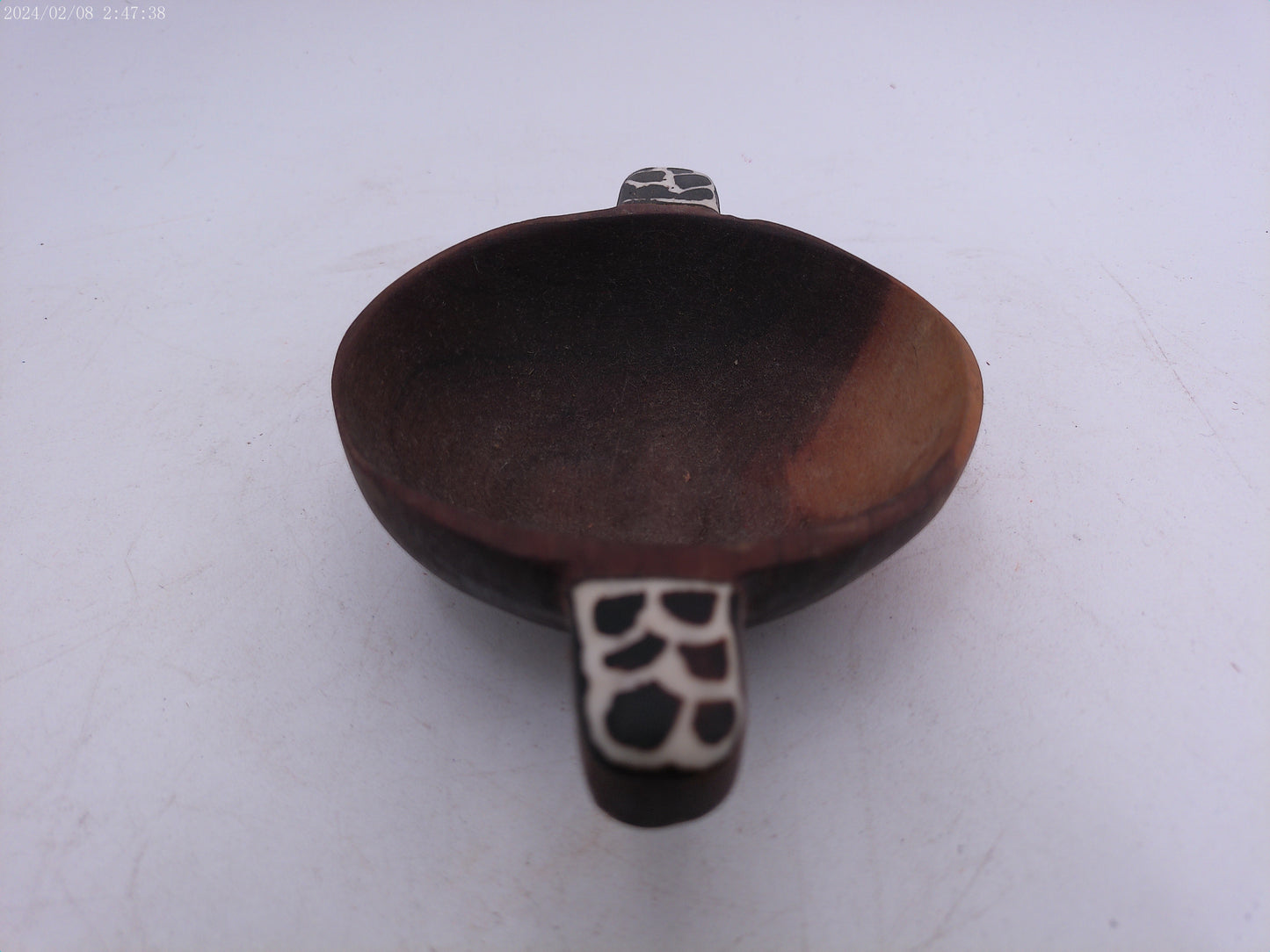 Vintage Sandalwood Wood Wooden Inlay Spotted Fish Swirl Handles Guacamole Condiment  Serving Bowl