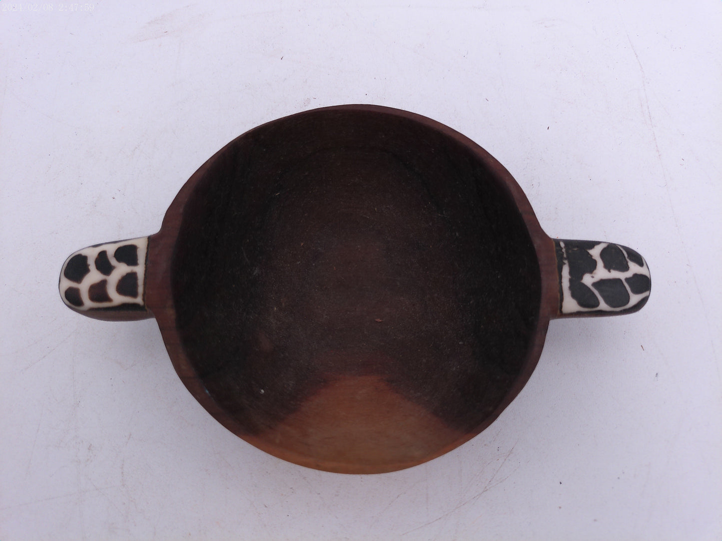 Vintage Sandalwood Wood Wooden Inlay Spotted Fish Swirl Handles Guacamole Condiment  Serving Bowl