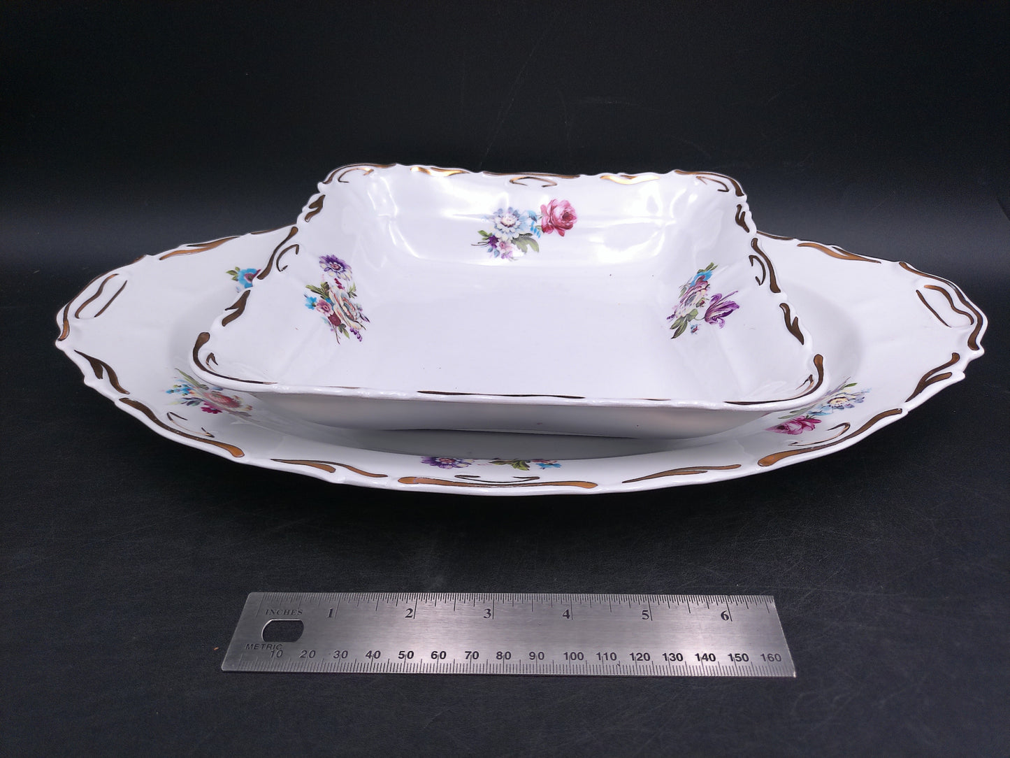 Porcelain Square Serving Dish and Oval Plate Floral Design Gold Trim marked JRJS Cluj Romania