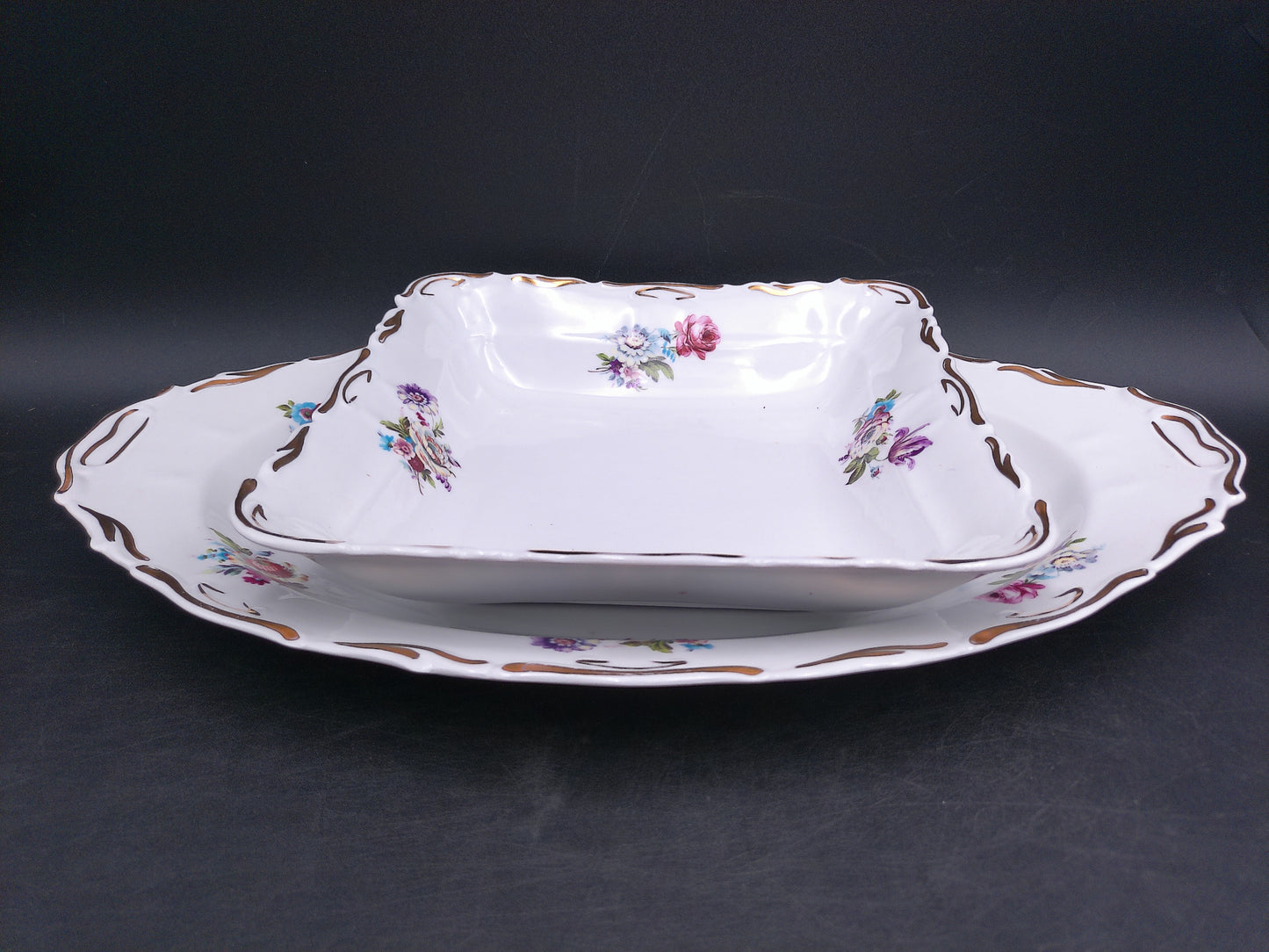 Porcelain Square Serving Dish and Oval Plate Floral Design Gold Trim marked JRJS Cluj Romania