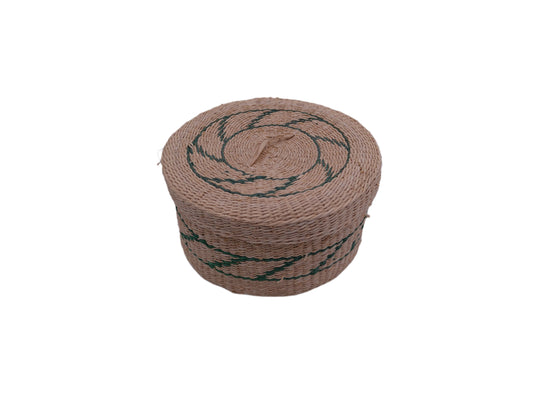 Vintage Small Woven Sweet Grass Basket W/ Lid green geometric design