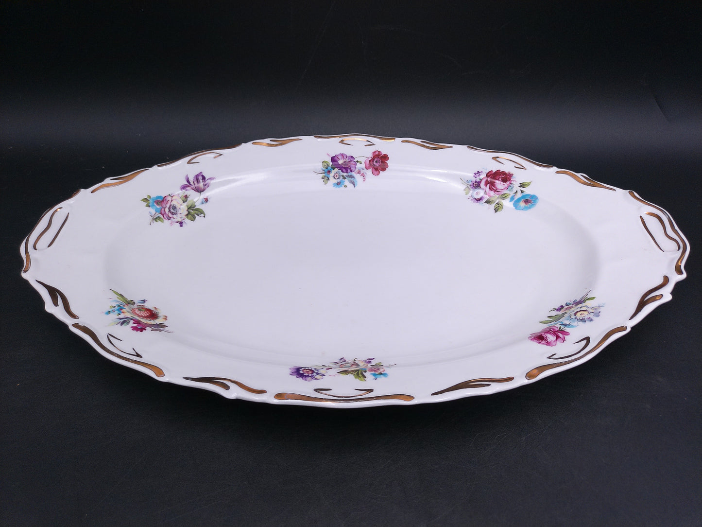 Porcelain Square Serving Dish and Oval Plate Floral Design Gold Trim marked JRJS Cluj Romania