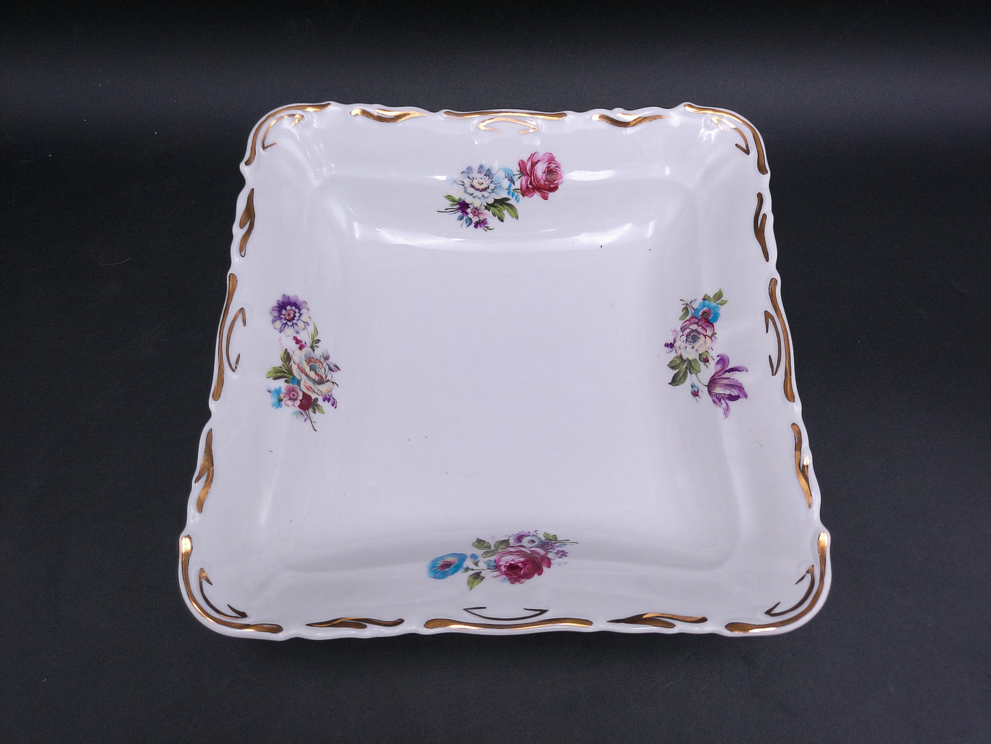 Porcelain Square Serving Dish and Oval Plate Floral Design Gold Trim marked JRJS Cluj Romania