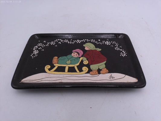 Adolph Burkart Handarbeit Girl and Boy Winter Slide  Wall Plaque