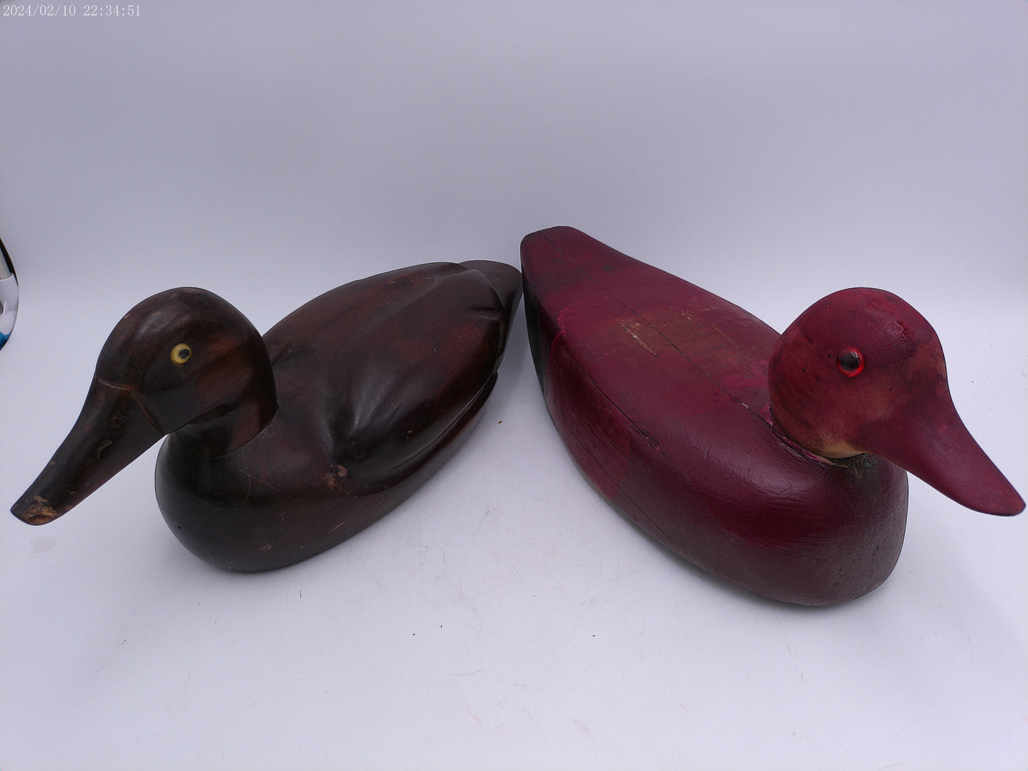 VTG Pair of Wooden Deco Duck Solid Wood Body Glass Eyes