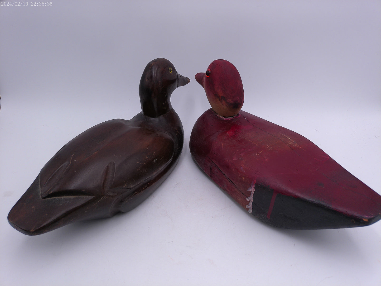 VTG Pair of Wooden Deco Duck Solid Wood Body Glass Eyes