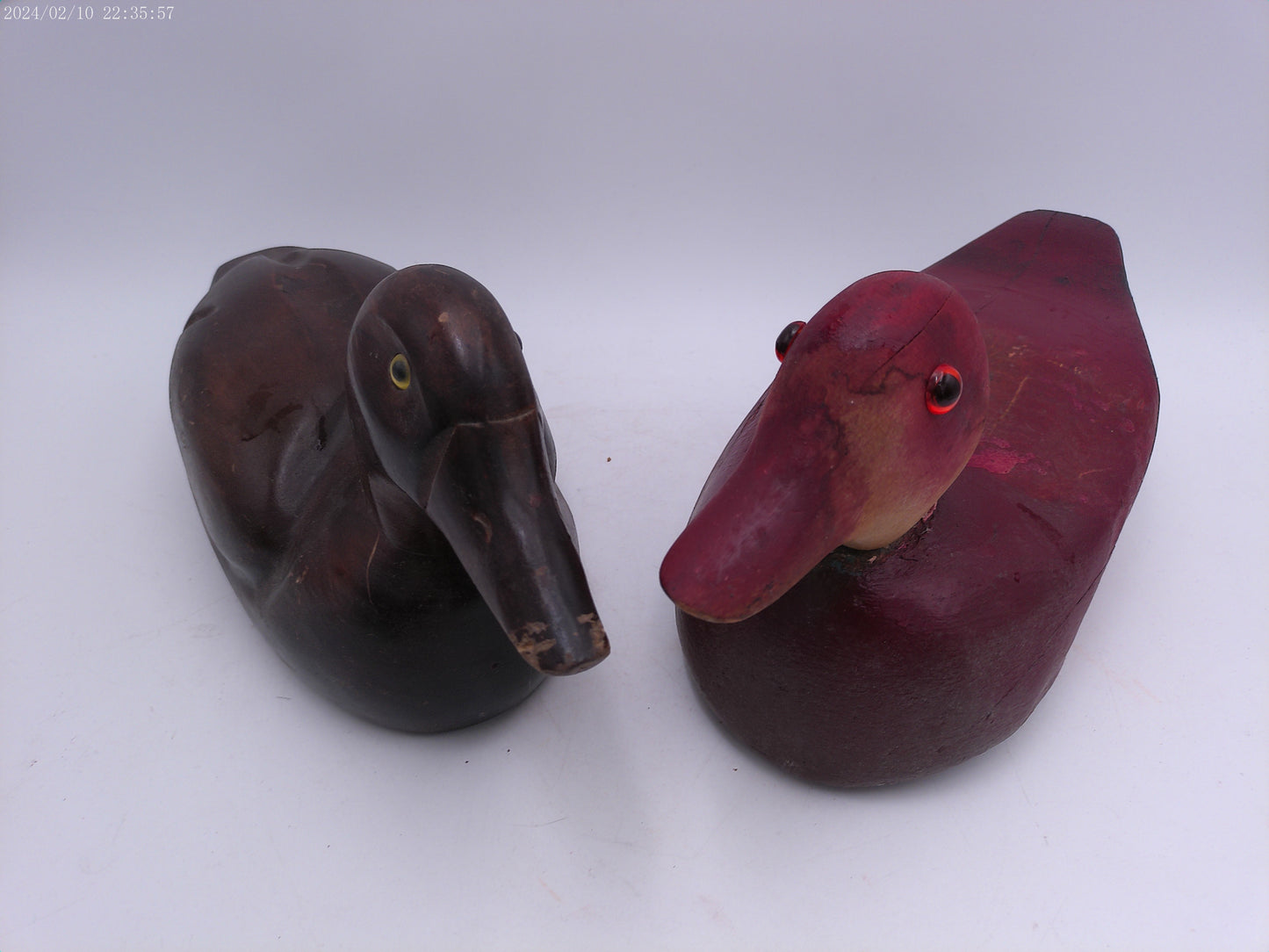 VTG Pair of Wooden Deco Duck Solid Wood Body Glass Eyes